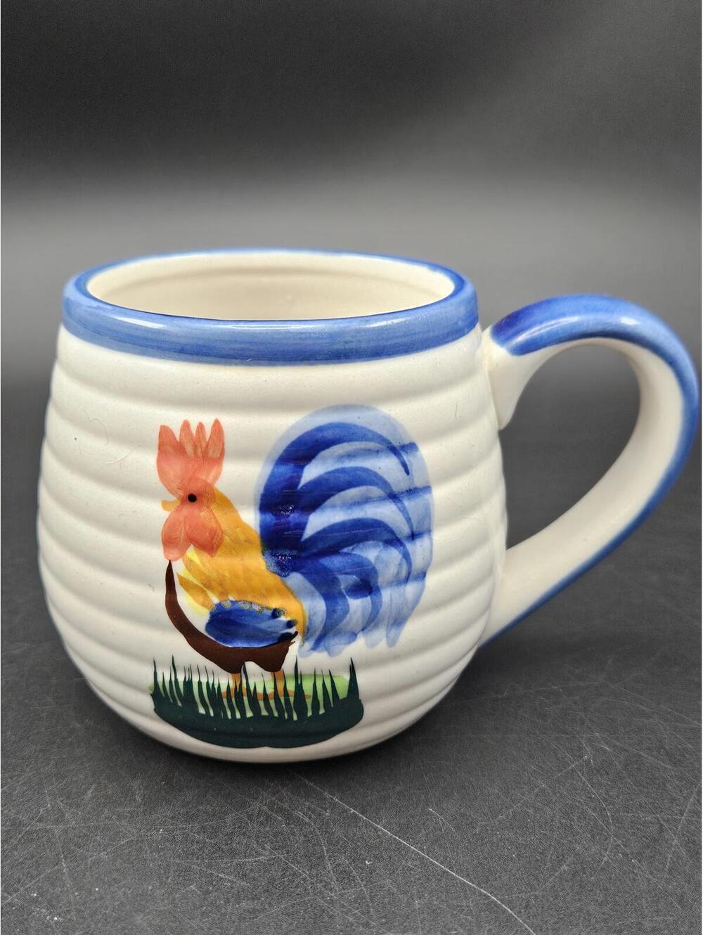 Vintage Rooster Mug French Country Farmhouse Decor Ribbed White Ceramic Cup 1977